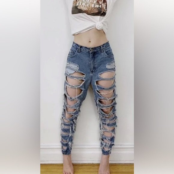Vintage 80’s Distressed Shredded Ripped Blue Denim High Waist Acid Jeans 32 X 34 - Picture 1 of 6